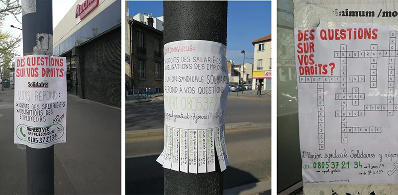 Dans les rues d’Aubervilliers en 2020, affichage informant de la permanence téléphonique Solidaires alors mise en place. [Solidaires]