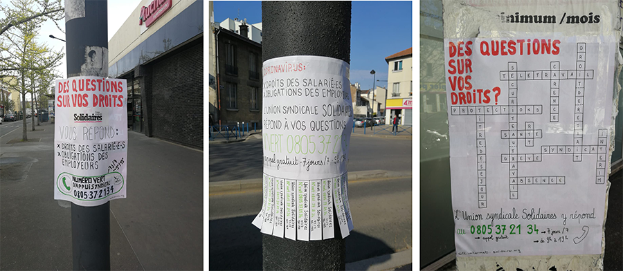 Dans les rues d’Aubervilliers en 2020, affichage informant de la permanence téléphonique Solidaires alors mise en place. [Solidaires]