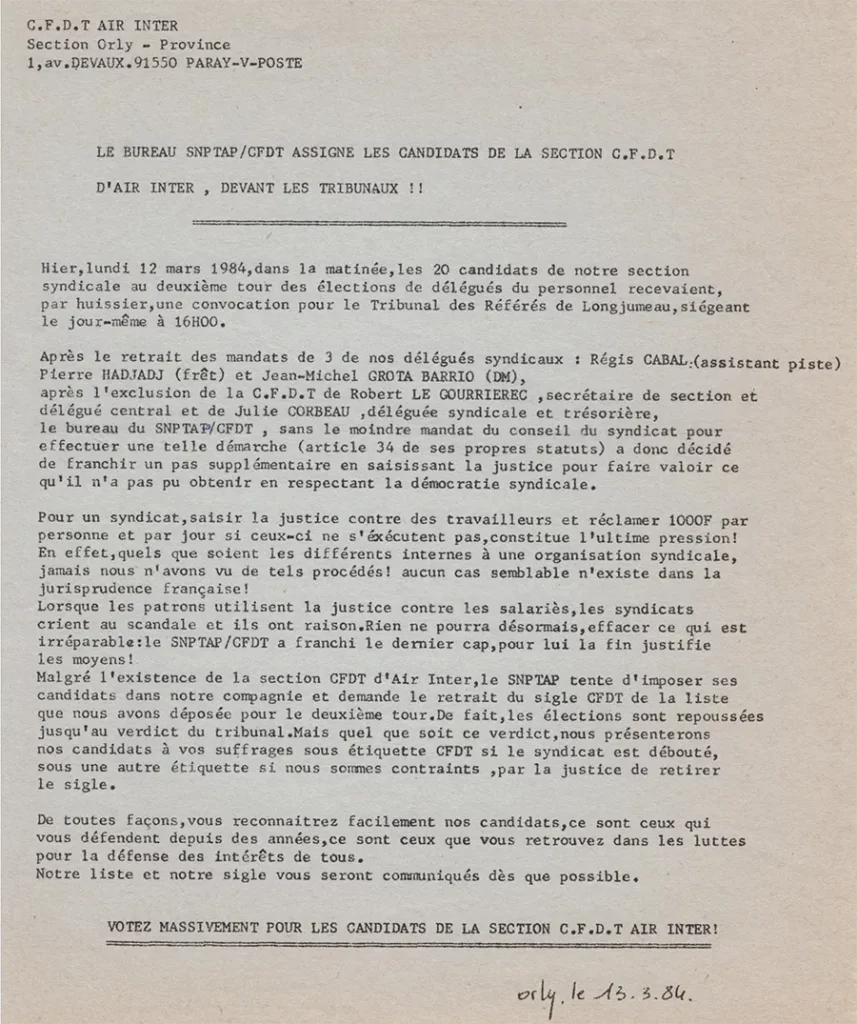 13 mars 1984, première information de ce qui était encore la CFDT Air-Inter, suite aux exclusions décidées par le syndicat national. Après avoir été confirmé aux élections professionnelles comme syndicat majoritaire, les militantes et militants créaient le SNIPT en août 1984. [Coll. CM]