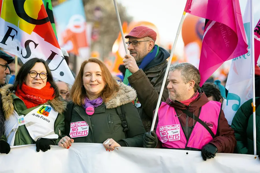 Simon Duteil et Murielle Guilbert, lors de la manifestation parisienne du 7 février 2023. [Martin Noda/Hans Lucas]