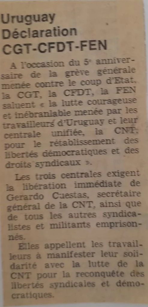 Déclaration CGT – CFDT – FEN, « à l’occasion du 5ème anniversaire de la grève générale menée contre le coup d’Etat » ; article paru dans L’Humanité du 27 juin 1978. [Archives CFDT)