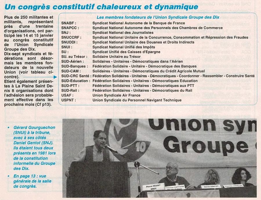 Le congrès constitutif de l’Union syndicale Groupe des dix, en janvier 1998, dans le journal du SNUI. [Coll. CM]