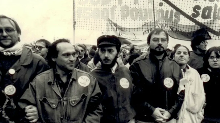 Manifestation en 1990 : Thierry Renard, Gérard Coste, Raïola et (à partir de la droite) Annick Coupé, Nelly Martin [DR]