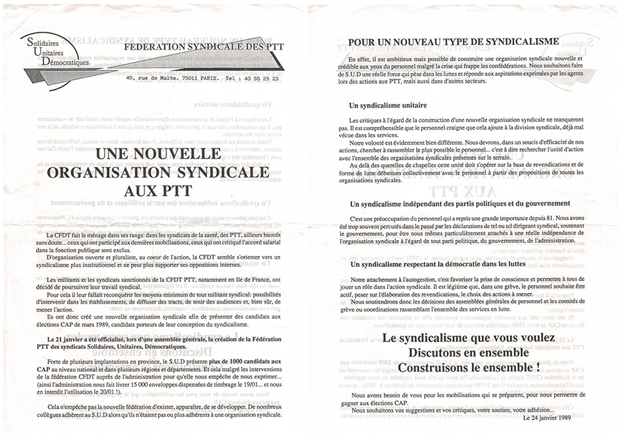 24 janvier 1989 : « Une nouvelle organisation syndicale aux PTT. » [Coll. CM]