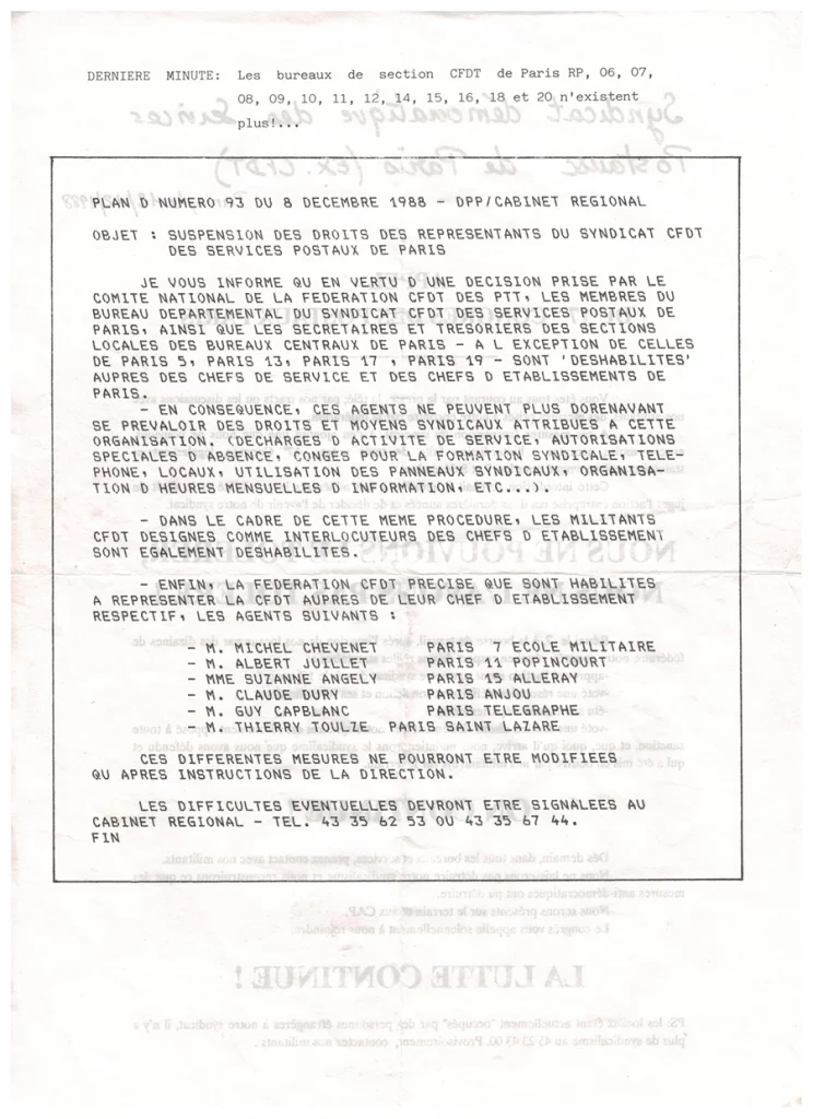 8 décembre 1988 : l’administration des PTT informe ses directions locales des retraits de mandats des militants du syndicat CFDT des services postaux de Paris et de plusieurs sections syndicales, décidés par la fédération CFDT PTT. [Coll. CM]