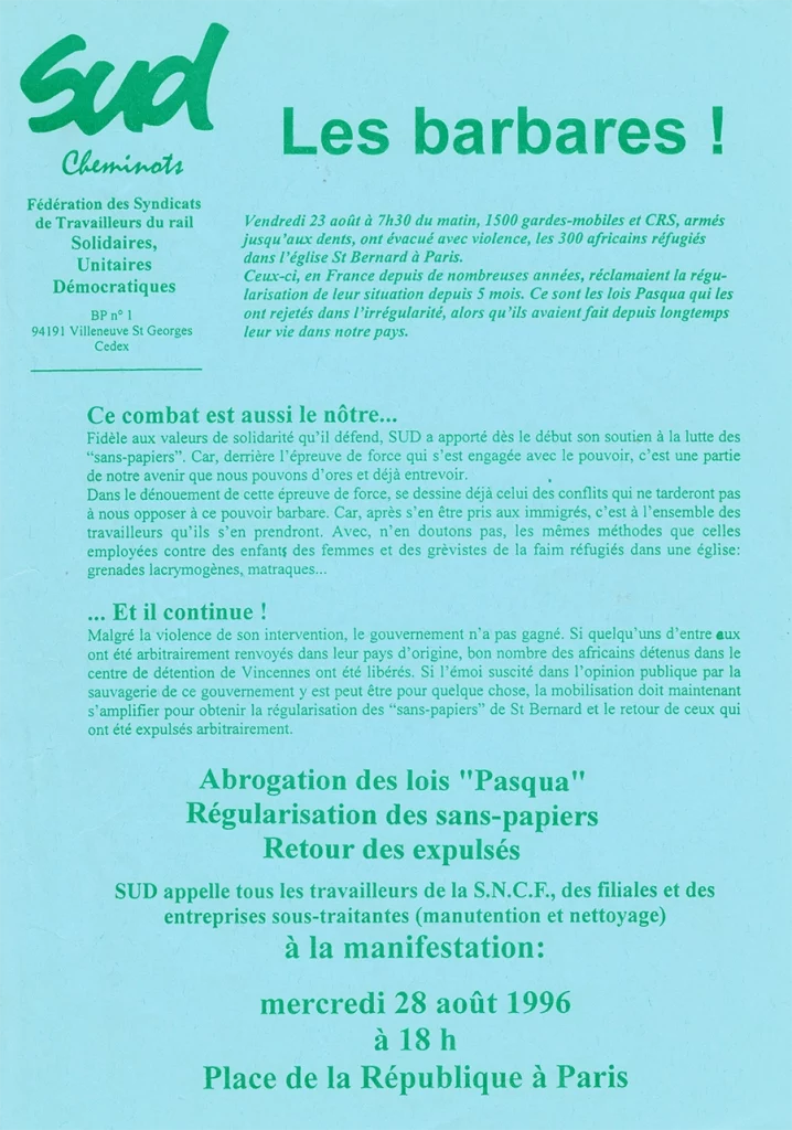 Août 1996, tract de la fédération SUD Cheminots après l’expulsion des sans-papiers de l’église Saint-Bernard, à Paris. [Coll. Cm]