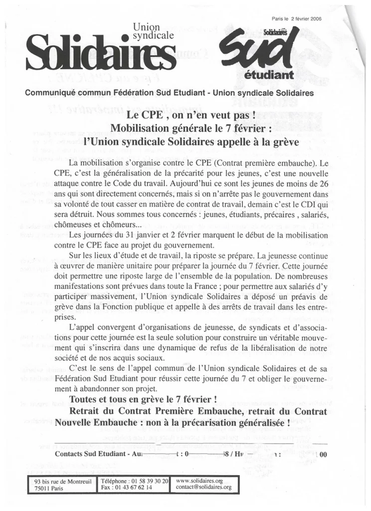 2 février 2006 : appel national SUD Etudiant – Union syndicale Solidaires. [Coll. CM]