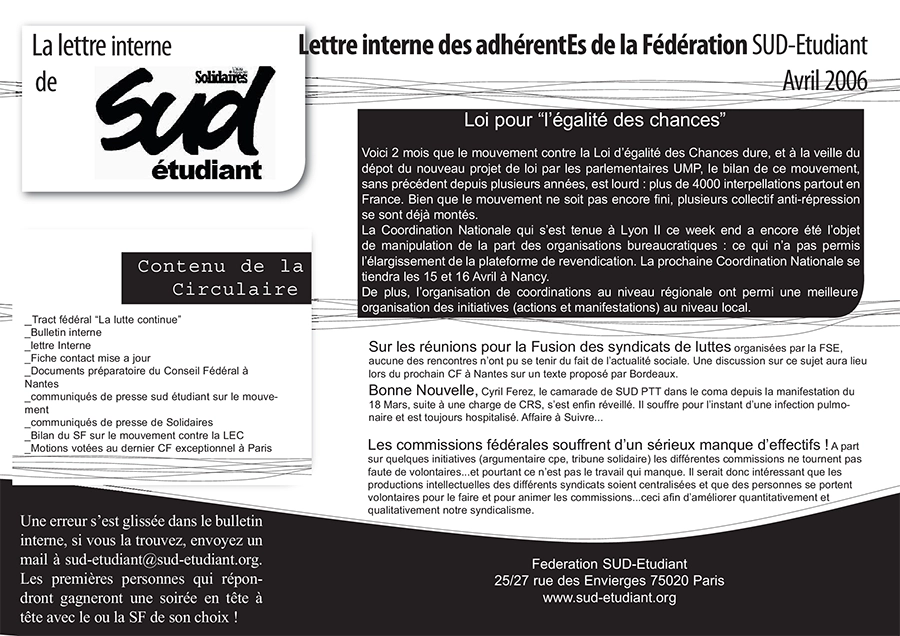 Extrait de l’info interne de la fédération SUD étudiant, avril 2006. [Coll. AC]