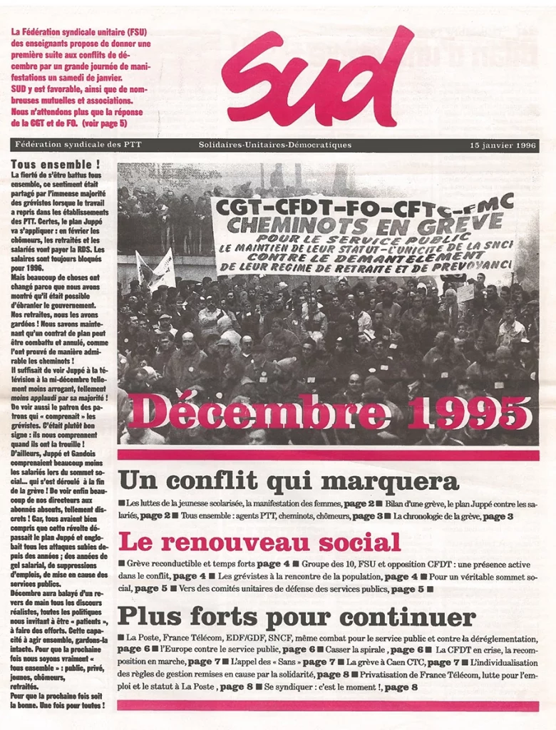 janvier 1996 : le journal de la fédération SUD PTT revient sur le mouvement de novembre-décembre 1995. [Coll. CM]