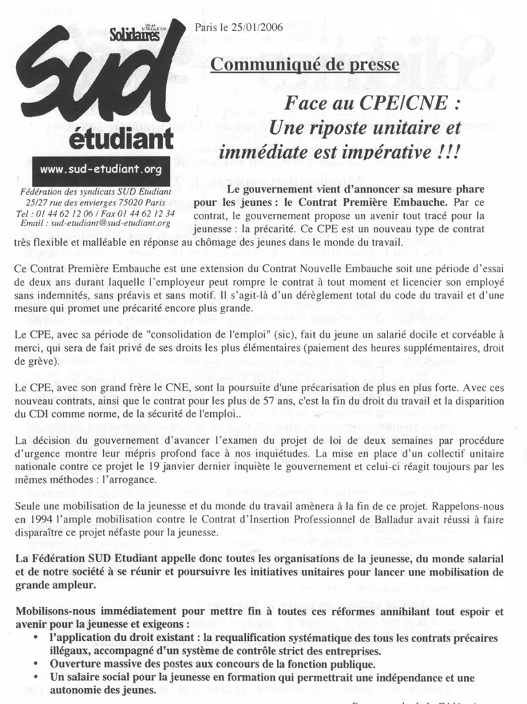 25 janvier 2006 : la fédération SUD Etudiant informe sur le CPE et appelle à la mobilisation. [Coll. CM]