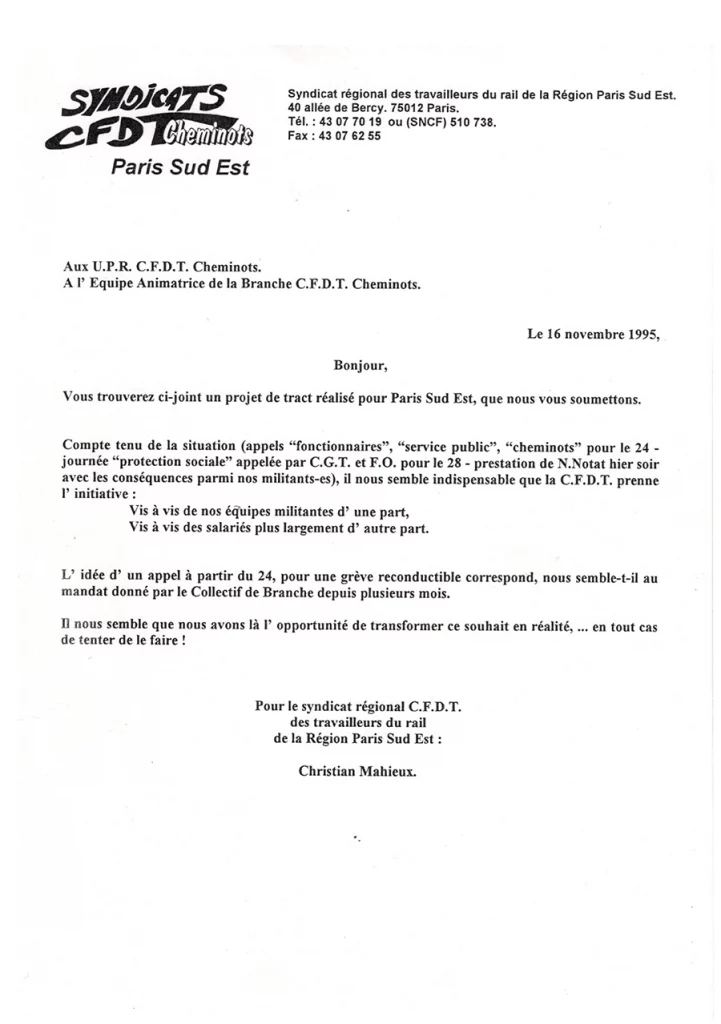 Le projet de tract évoqué dans ce courrier appelant à une grève générale reconductible à compter du 24 novembre, ne sera pas repris fédéralement mais sera diffusé, à partir du 20 novembre, par le syndicat de Paris-Sud-Est. [Coll. CM]