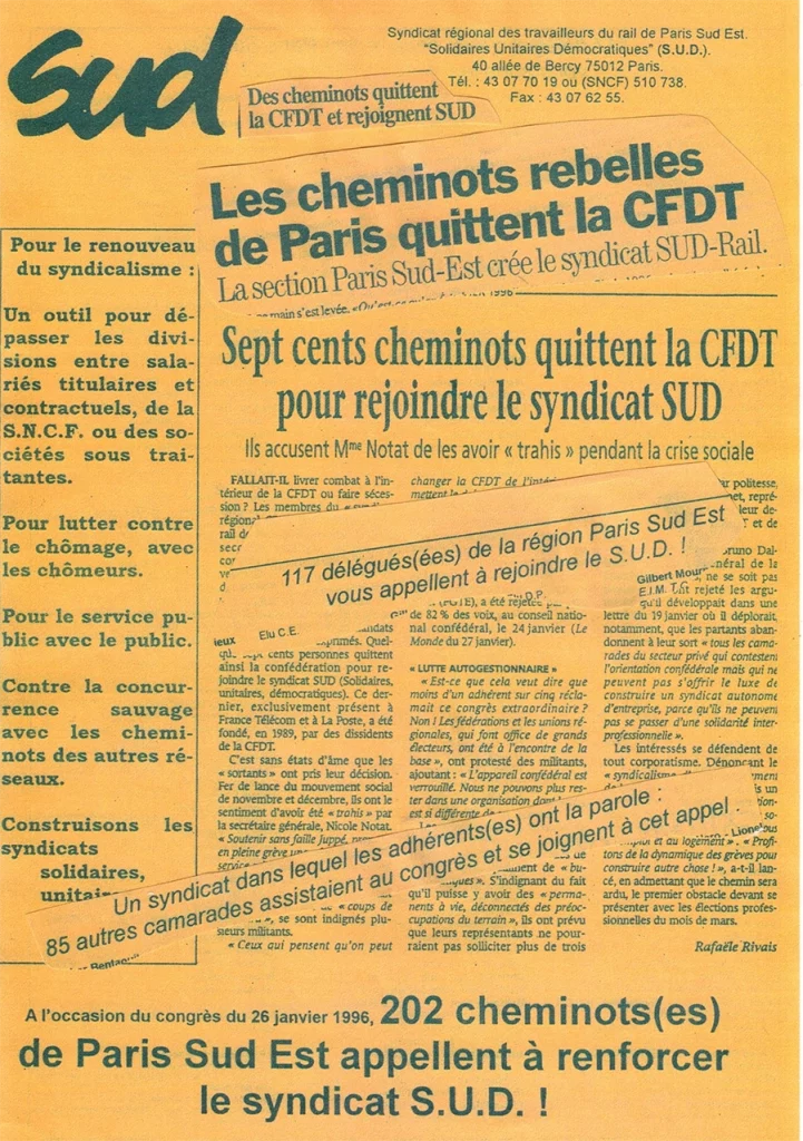 26 janvier 1996 : Le Monde, Libération, L’Humanité et d’autres journaux publient des articles. Premier tract « officiel », avec l’appel lancé par 202 cheminotes et cheminots, dont les noms figurent à l’intérieur du quatre-pages, à rejoindre le syndicat régional. [Coll. CM]