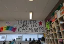 Banderole « Bauer avec les cheminots », déployée au stade Bauer par les Red Star Fans, lors du conflit pour les retraites en 2019/2020. Photo prise dans le local syndical régional de SUD-Rail Paris-Sud-Est, à la Gare de Lyon. [DR]