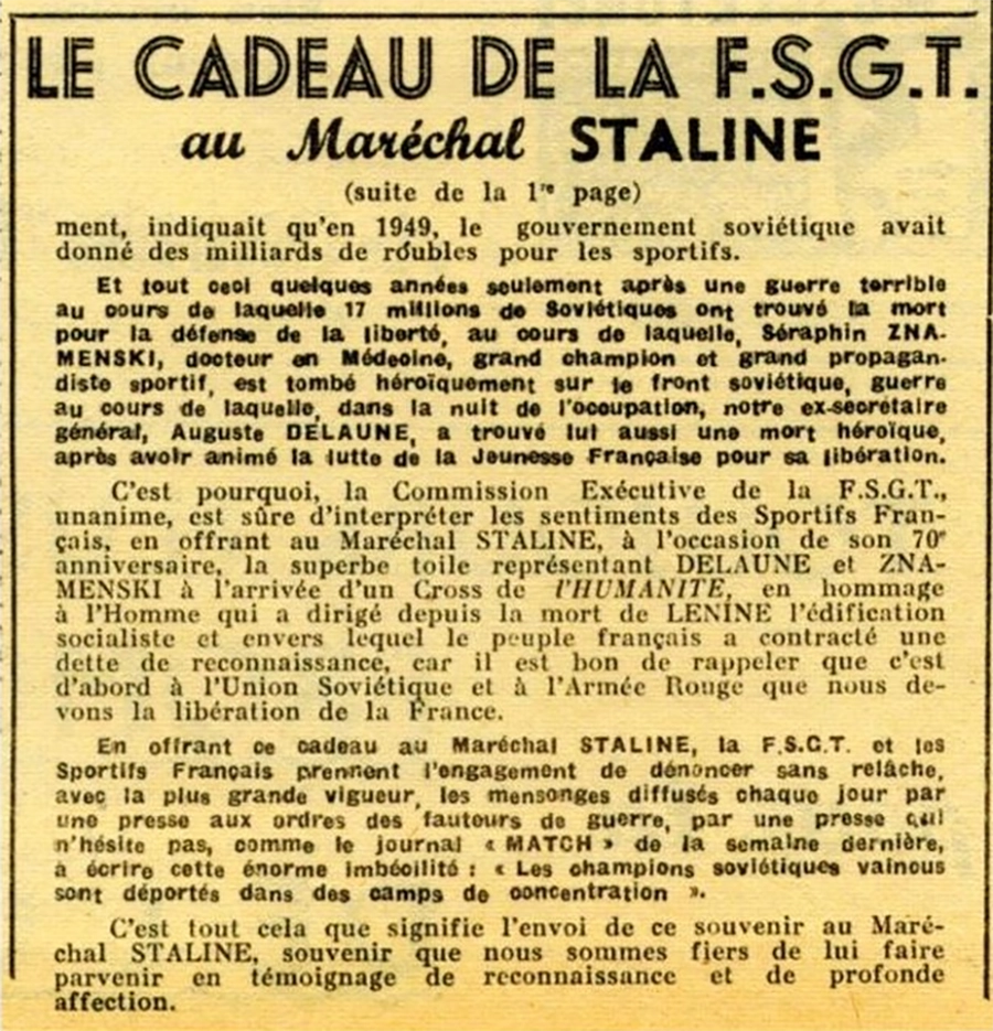 La une de La vie de la FSGT, du 15 décembre 1949. Fonds FSGT, reproduit dans La FSGT. Du sport rouge au sport populaire, éditions La ville brule, 2014. [Coll. CM]